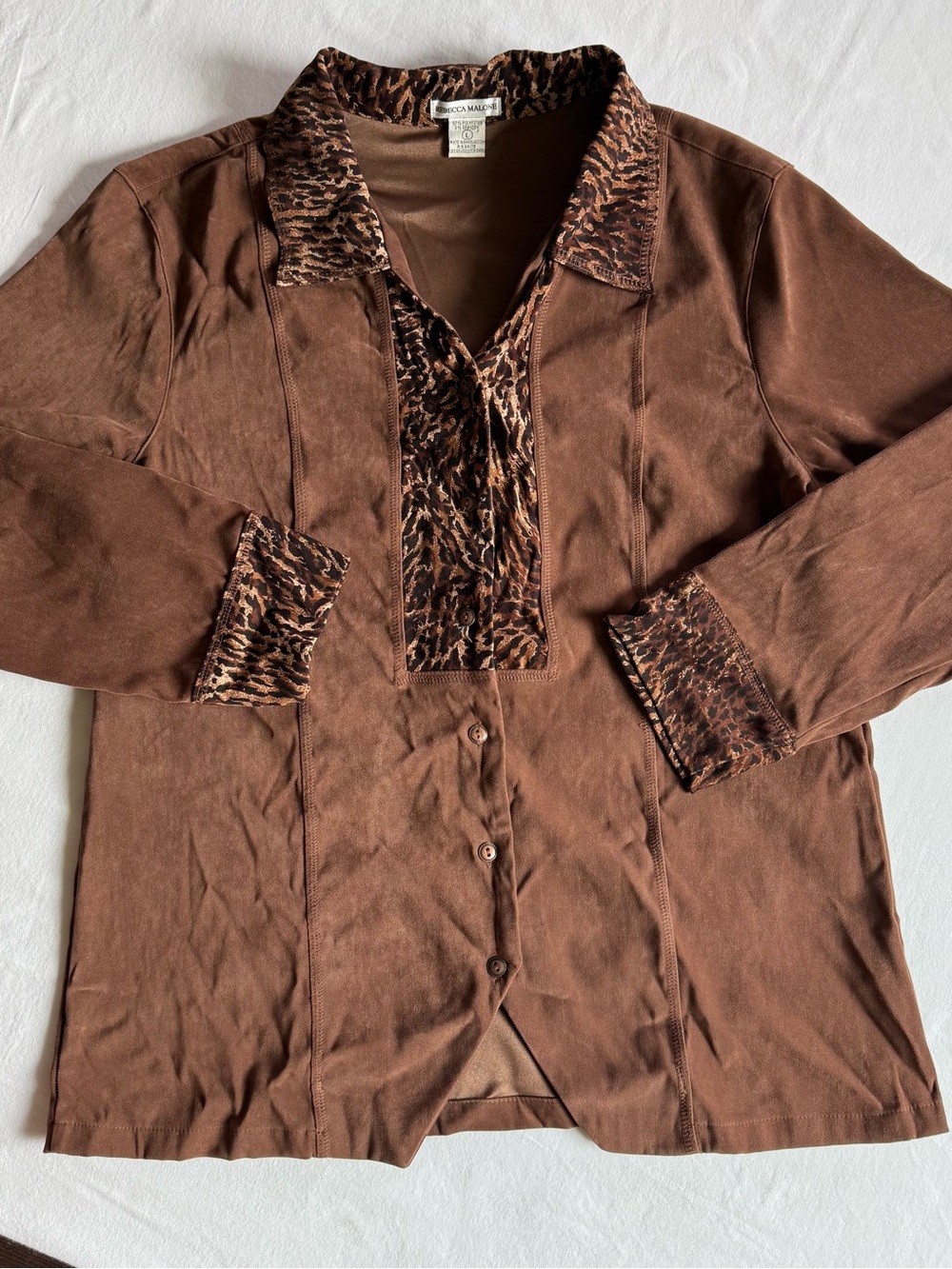 Rebecca Malone Women’s Brown Leopard Cheetah Button Down 90’s Shirt Size L